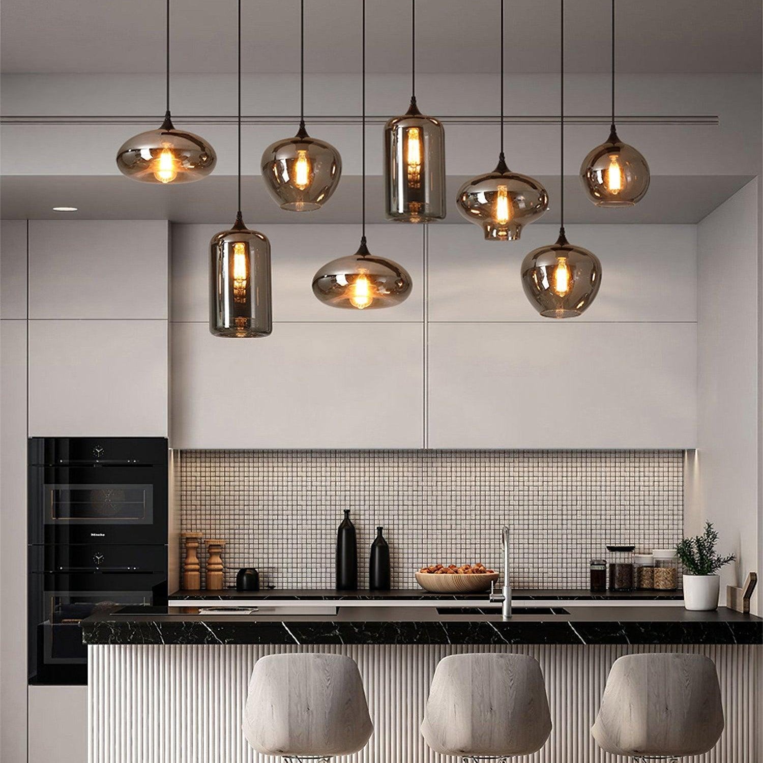 Bottle Pendant Light, Hand-Blown Smoke Gray Glass, Black, E27