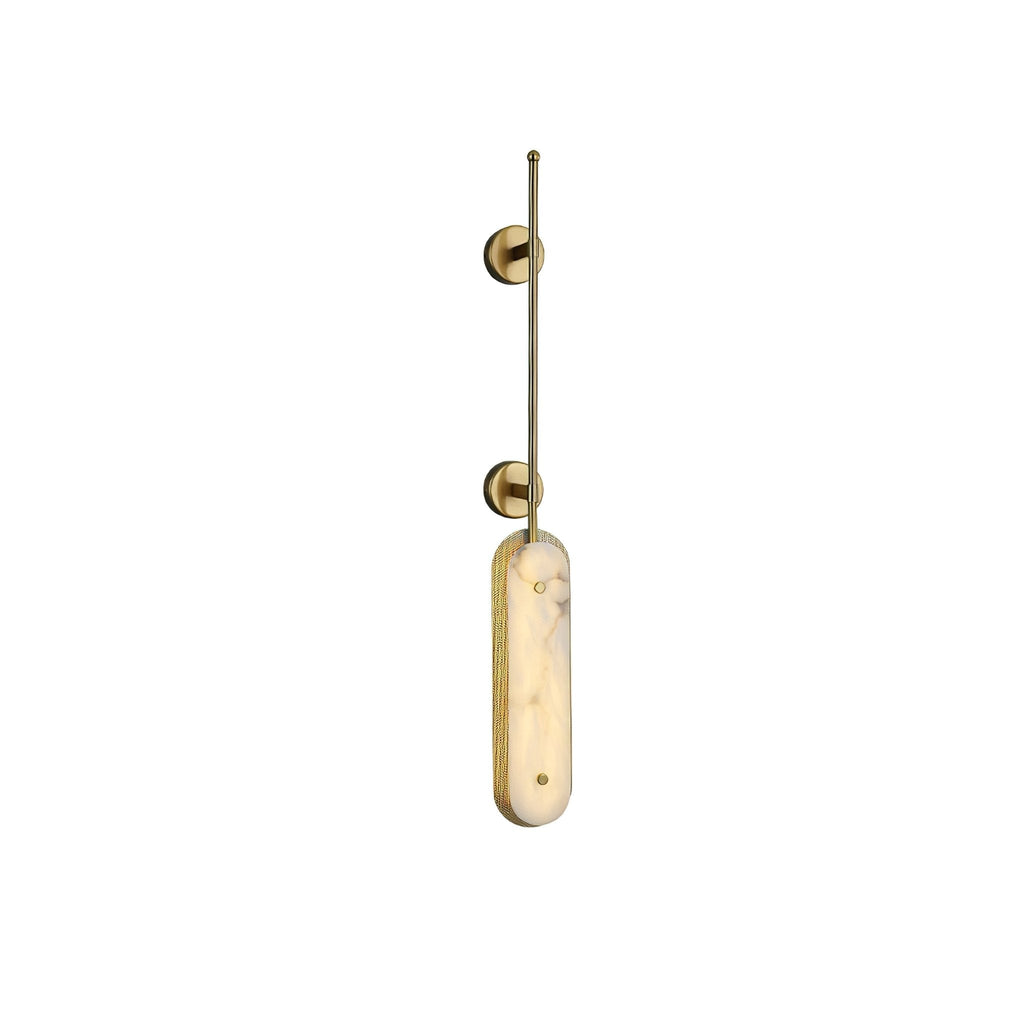 Lysandra wall light in brass, an alabaster panel hung below a slim rod and two round mounts.