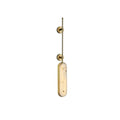 Lysandra wall light in brass, an alabaster panel hung below a slim rod and two round mounts.