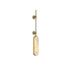 Lysandra wall light in brass, an alabaster panel hung below a slim rod and two round mounts.