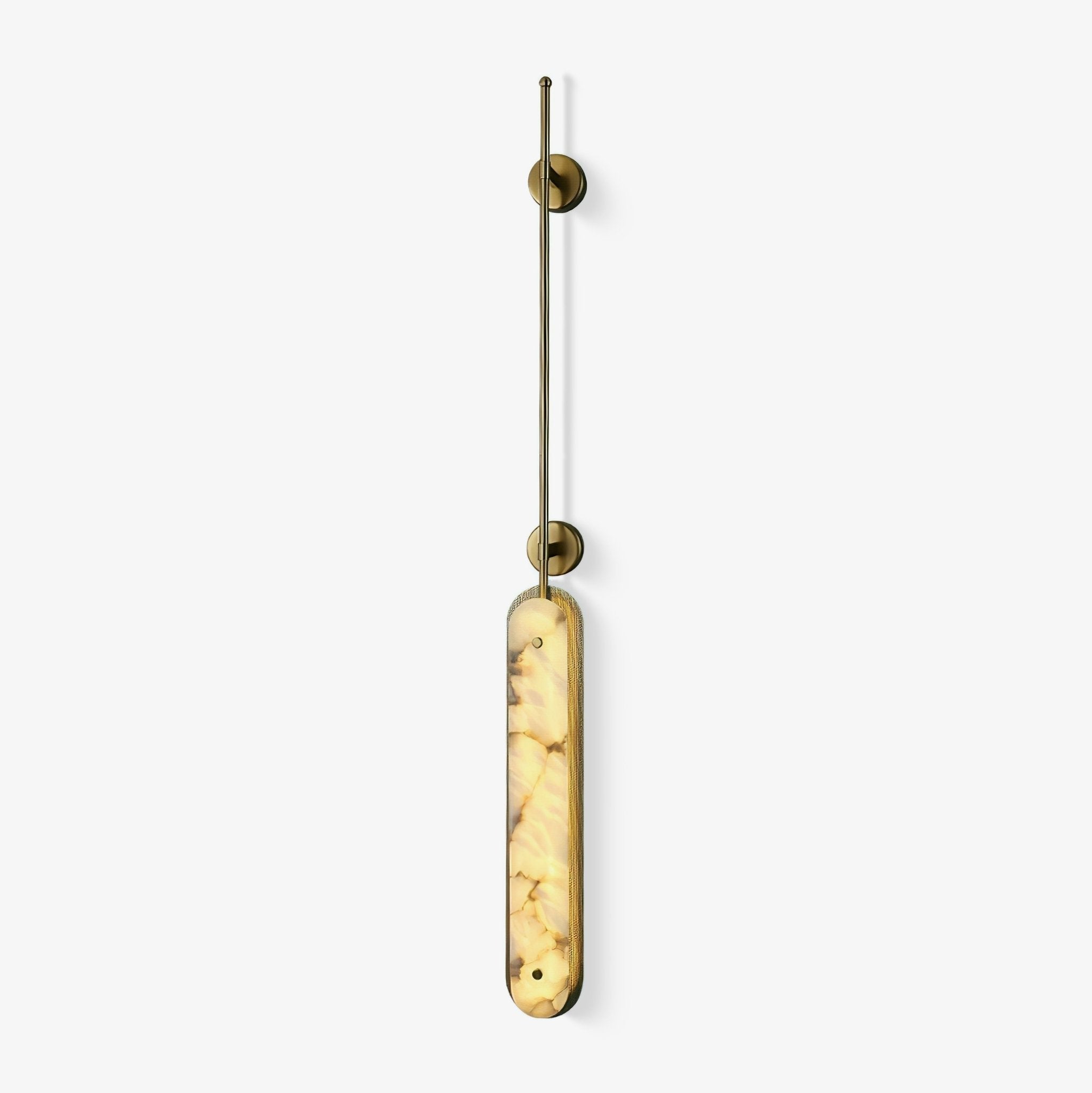 Studio view on white of the brass fixture, the alabaster panel lit from within.