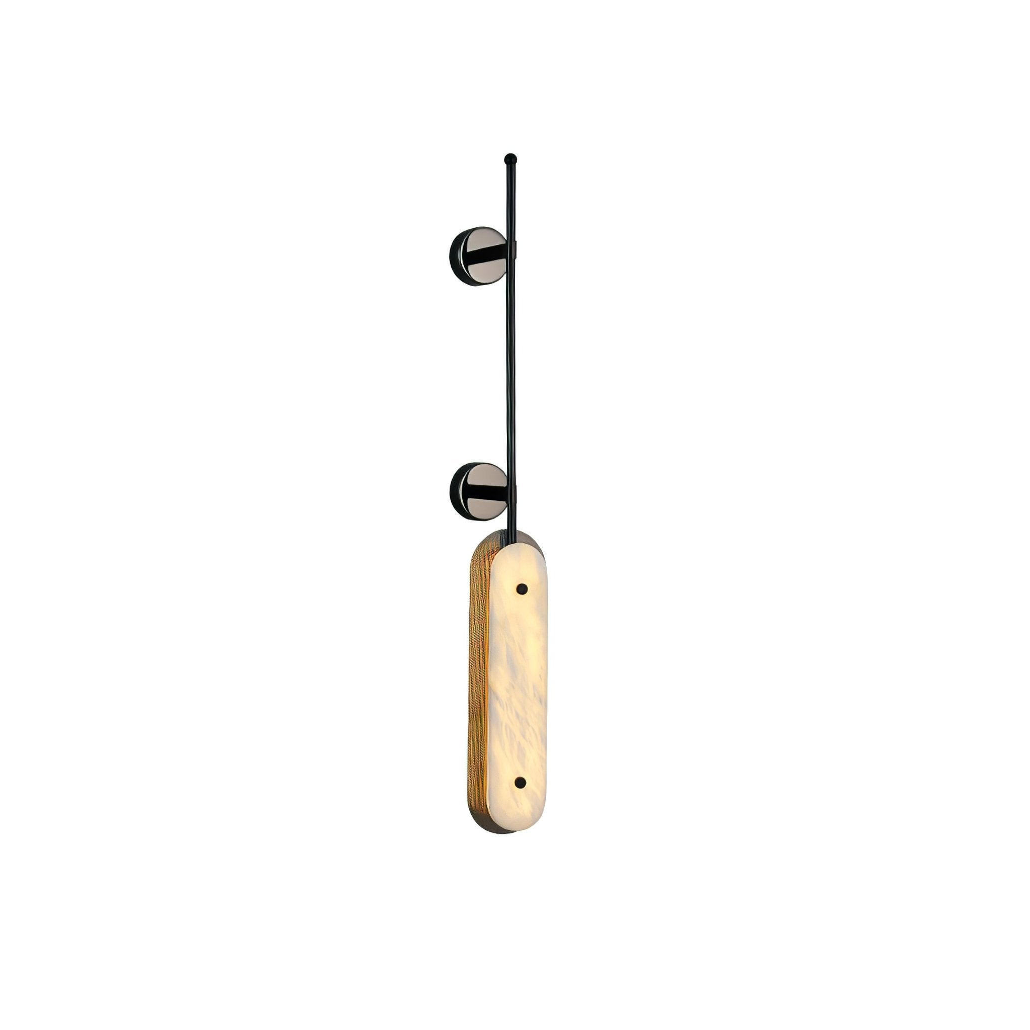 The same fixture in black, its alabaster panel framed by a dark rod and mounting discs.
