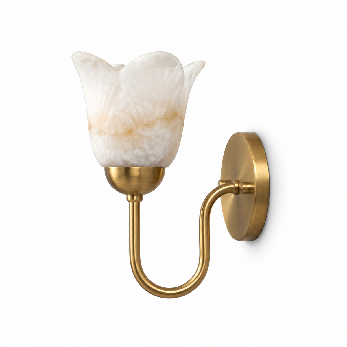 A brushed brass Clérachic wall sconce with a petal-edged alabaster shade, photographed on a plain white background.