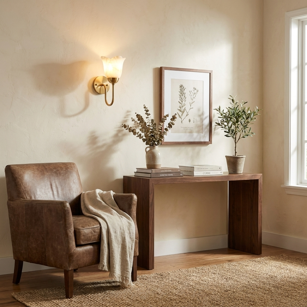 This brushed brass Clérachic wall sconce glows beside a leather armchair and a console dressed with a potted plant.