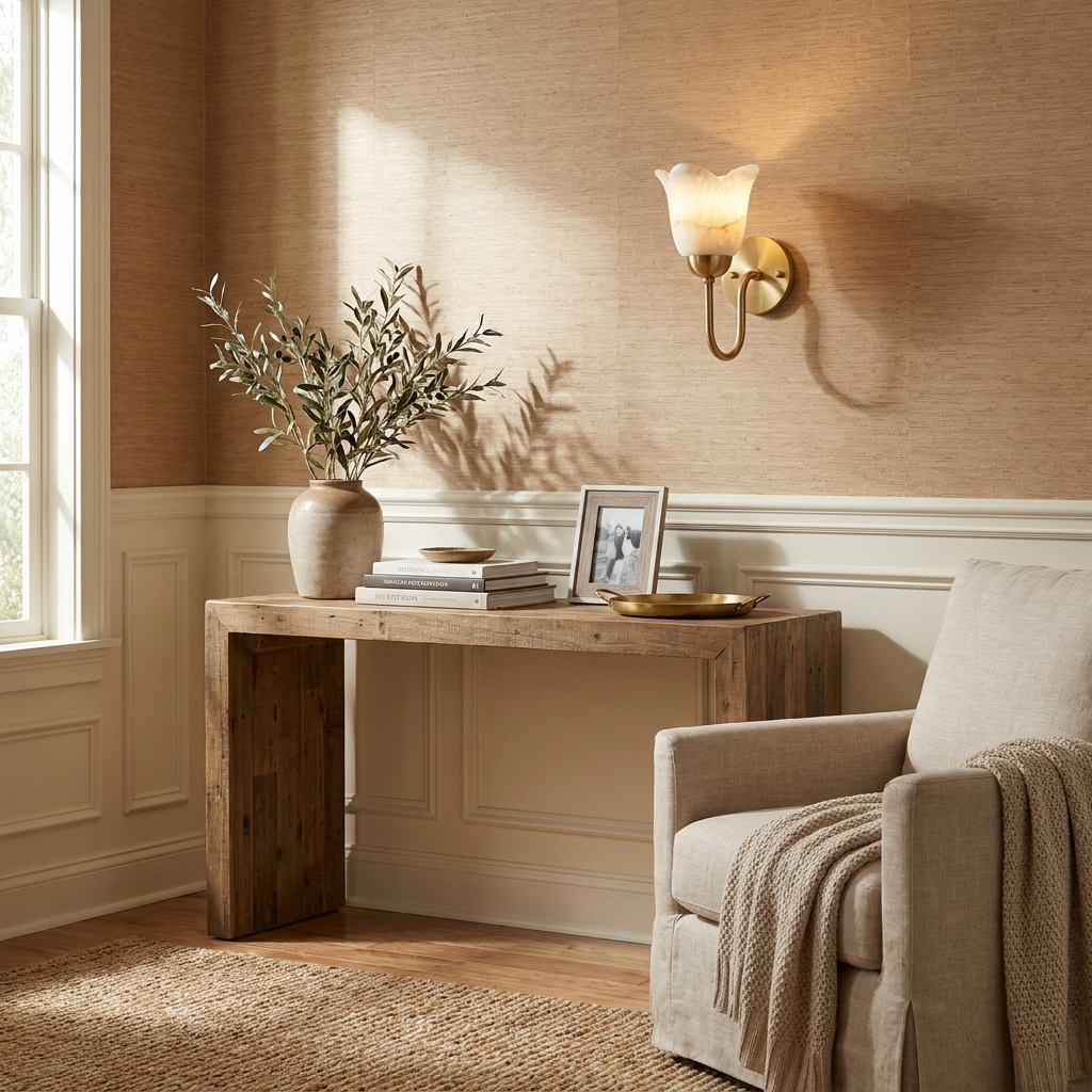 On a warm patterned wall, this brushed brass Clérachic wall sconce glows above a console with a vase and a tray.