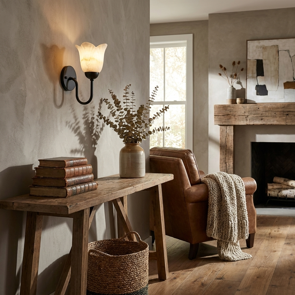 This matte black Clérachic wall sconce lights a living room corner beside a stone fireplace and a leather armchair.