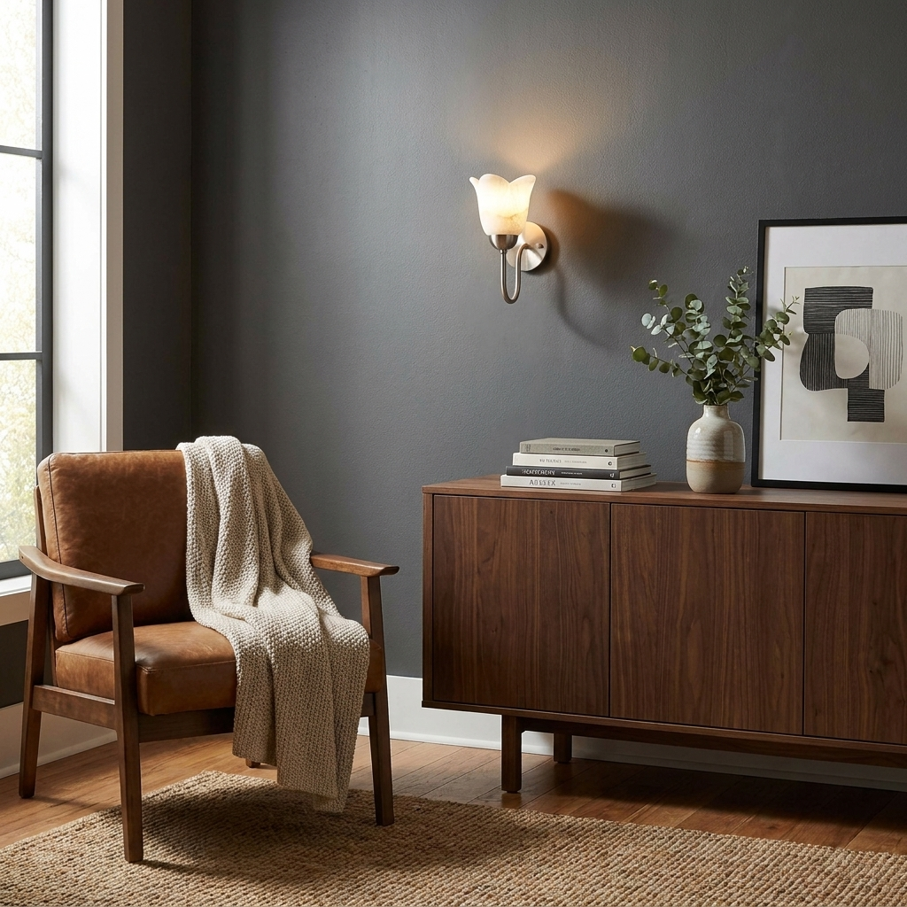 Against a charcoal wall, this matte black Clérachic wall sconce glows above a walnut console beside a leather chair.