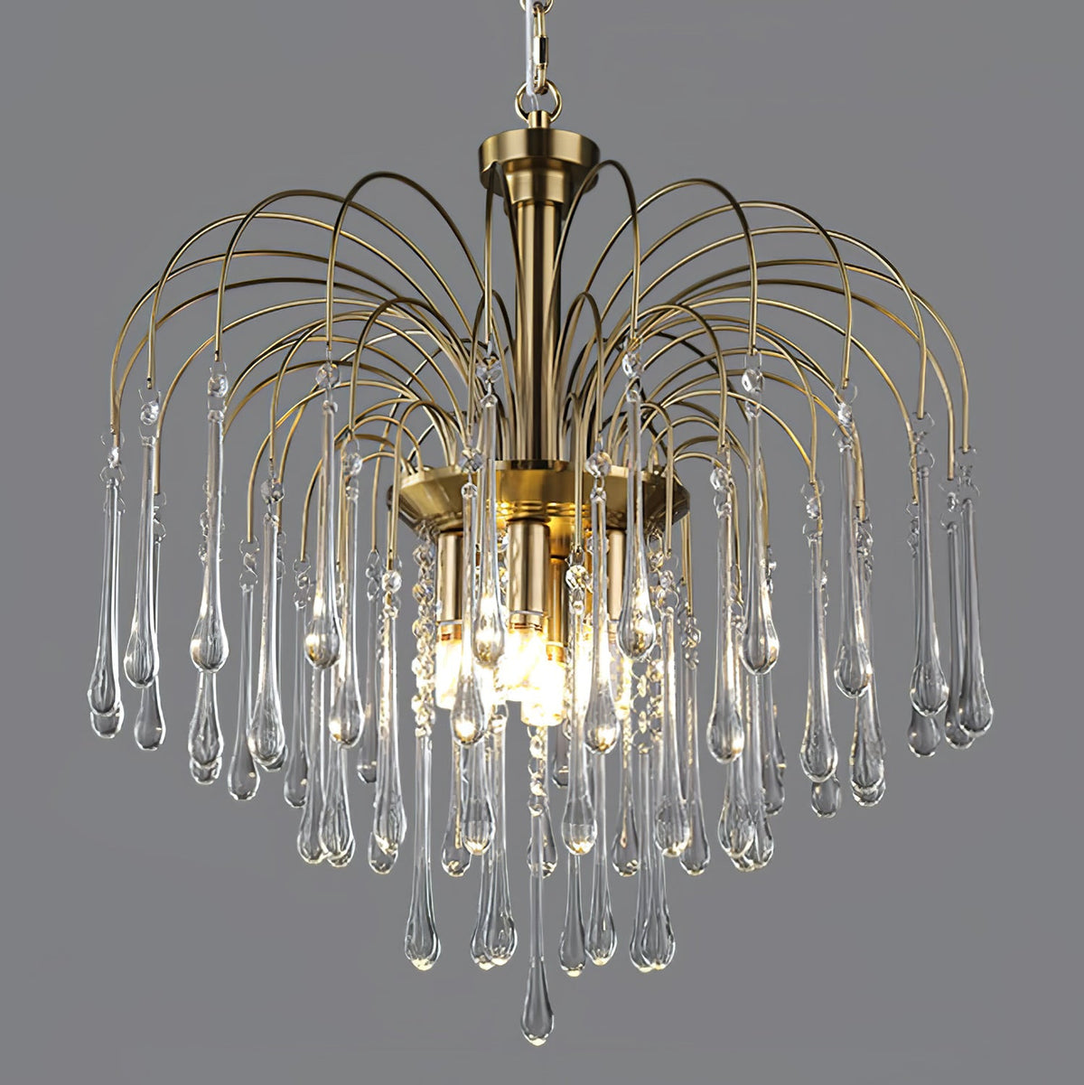 Clustered clear crystal drops hang densely from this Clérachic pendant, lit against dark grey.
