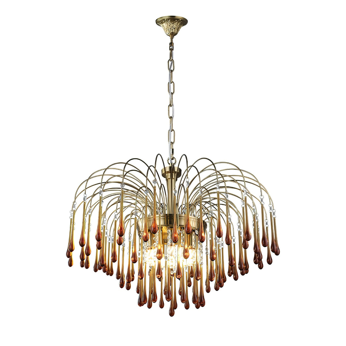A longer chain suspends this Clérachic pendant's caramel crystal drops, shown isolated on a white background.