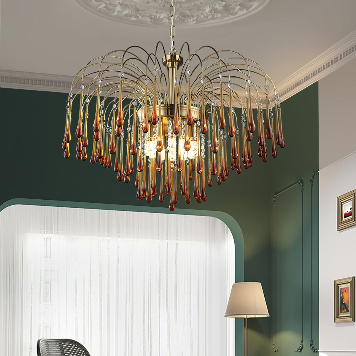 This Clérachic chandelier hangs in a room with a dark green wall, sheer curtain and a floor lamp nearby.