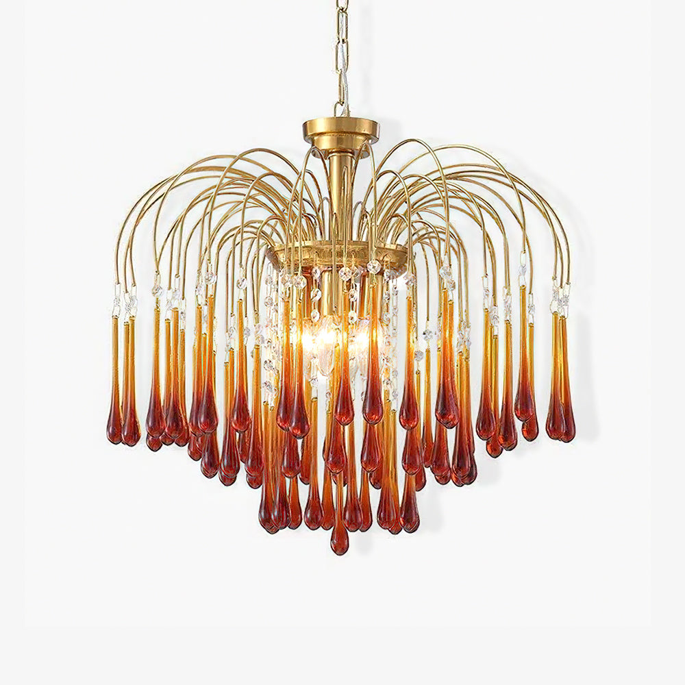 Product view of this Clérachic chandelier lit on a plain background, caramel crystal drops framed by clear crystal beads at the centre.