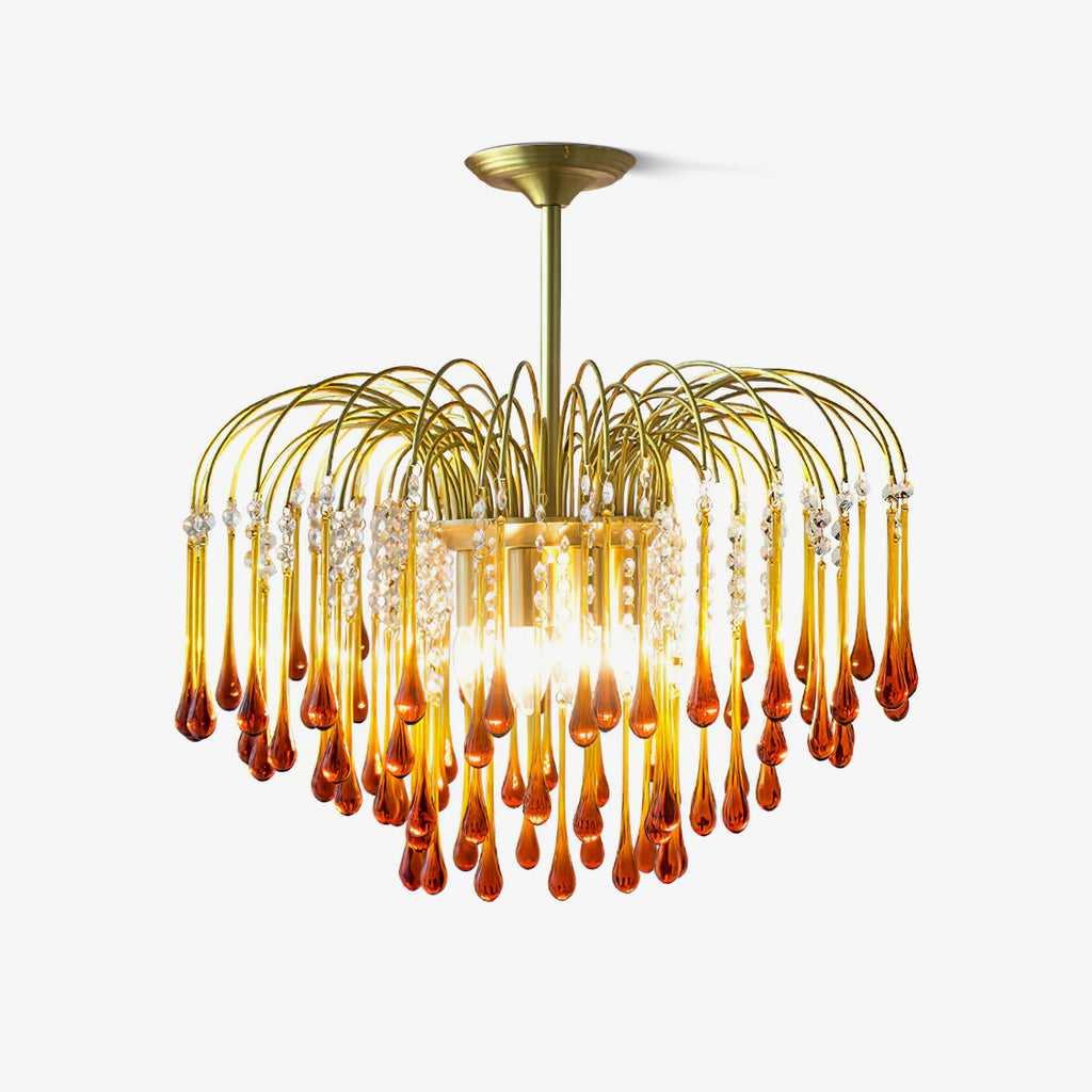 The flush-mount version of this Clérachic chandelier sits close to the ceiling, its caramel crystal drops catching the light.