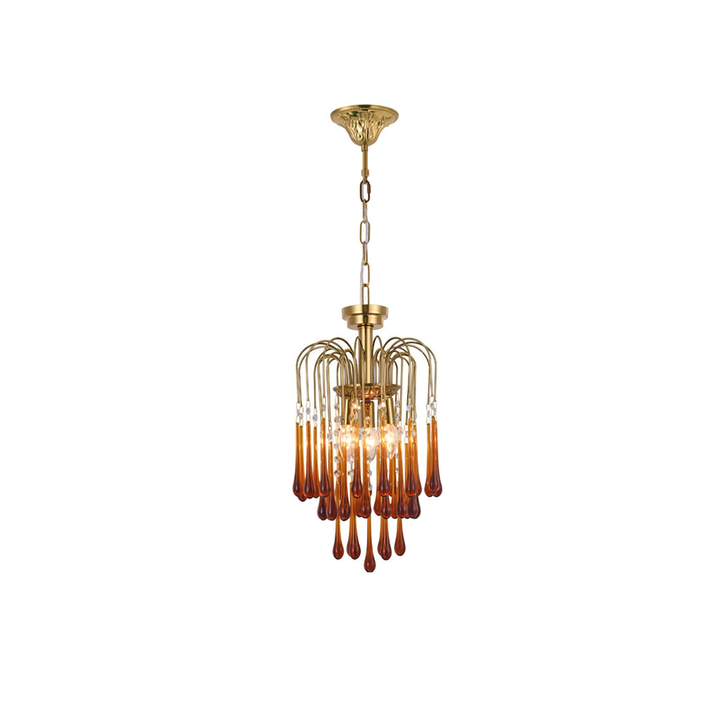 A slender version of this Clérachic pendant shows its caramel crystal drops isolated and lit on white.