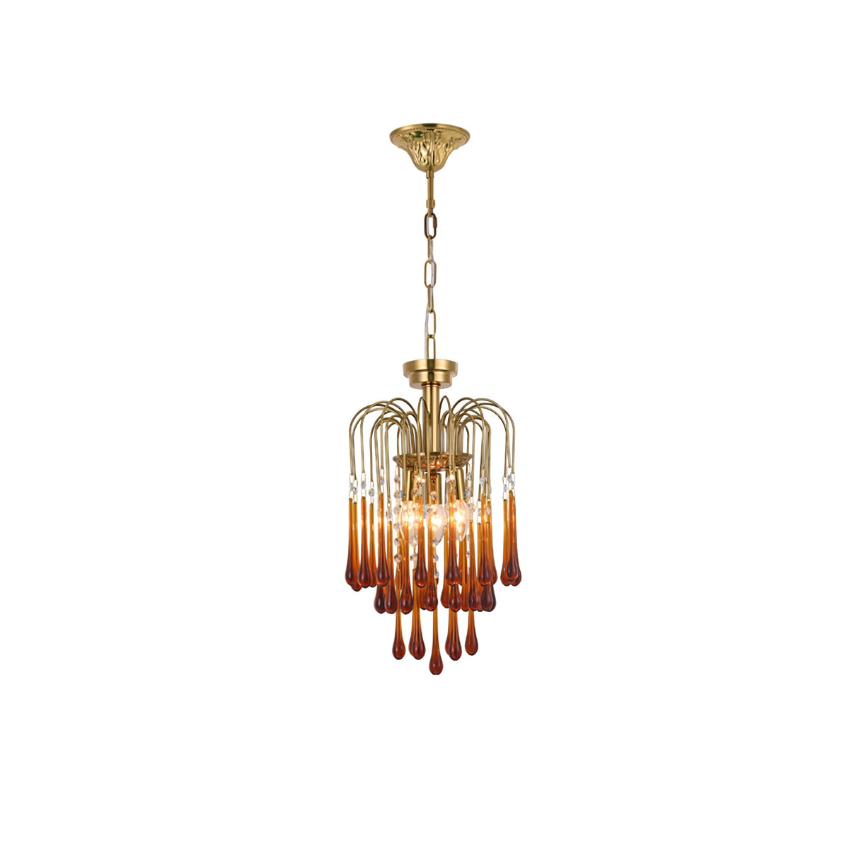 A slender version of this Clérachic pendant shows its caramel crystal drops isolated and lit on white.