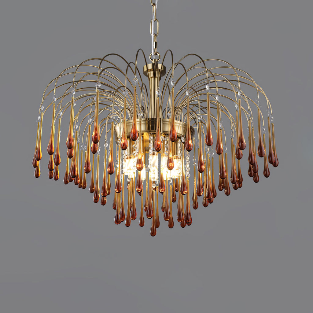 Deep red-brown crystal drops cluster closely on this Clérachic pendant, lit against a dark grey backdrop.