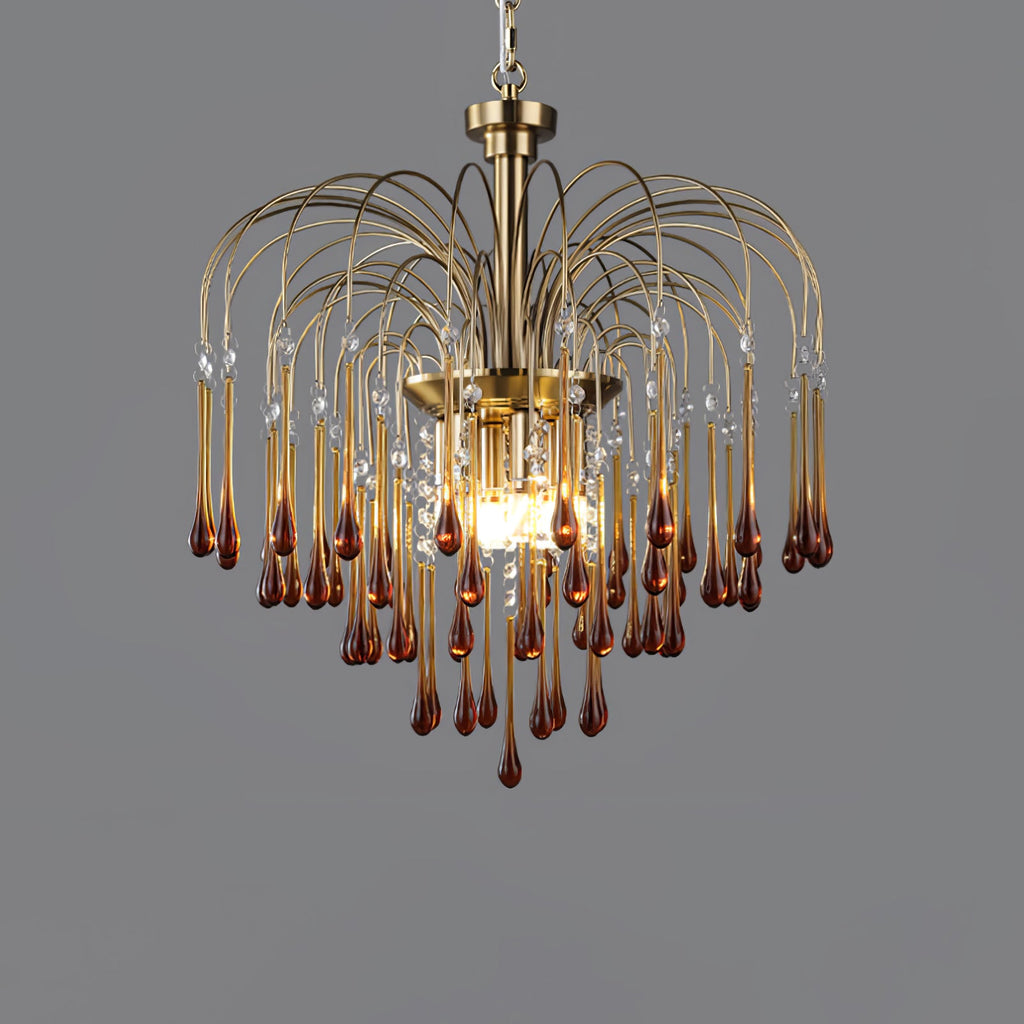 A fuller spread of caramel crystal drops fans from this Clérachic pendant, lit against dark grey.