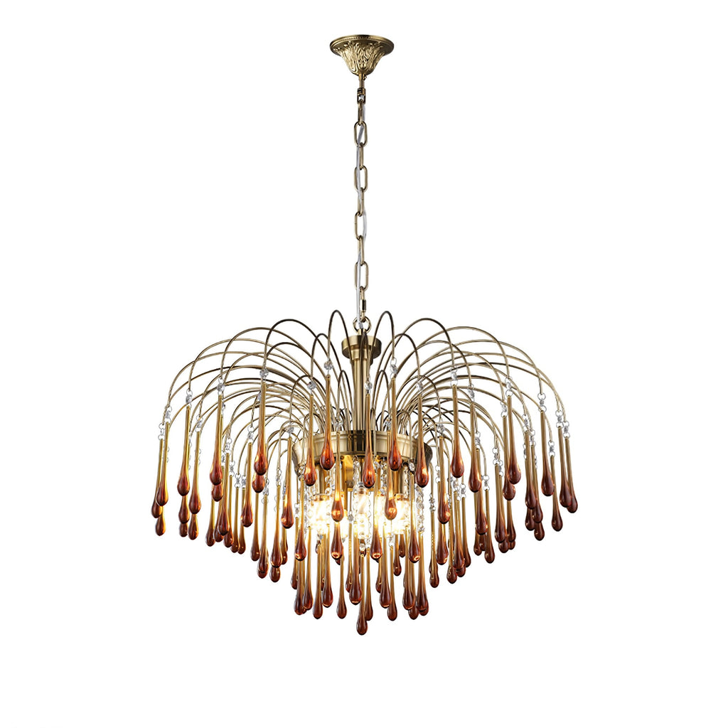 A longer chain suspends this large Clérachic chandelier, its caramel and clear crystal drops lit on a white background.