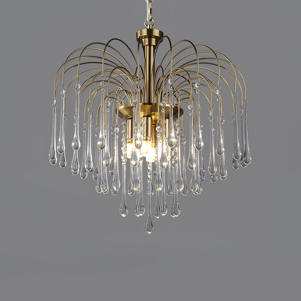 Clear crystal drops taper to fine points on this Clérachic pendant, lit against a dark grey backdrop.