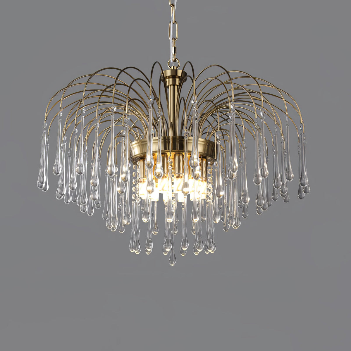 This wider Clérachic pendant shows dense clear crystal drops, lit against a plain dark grey background.