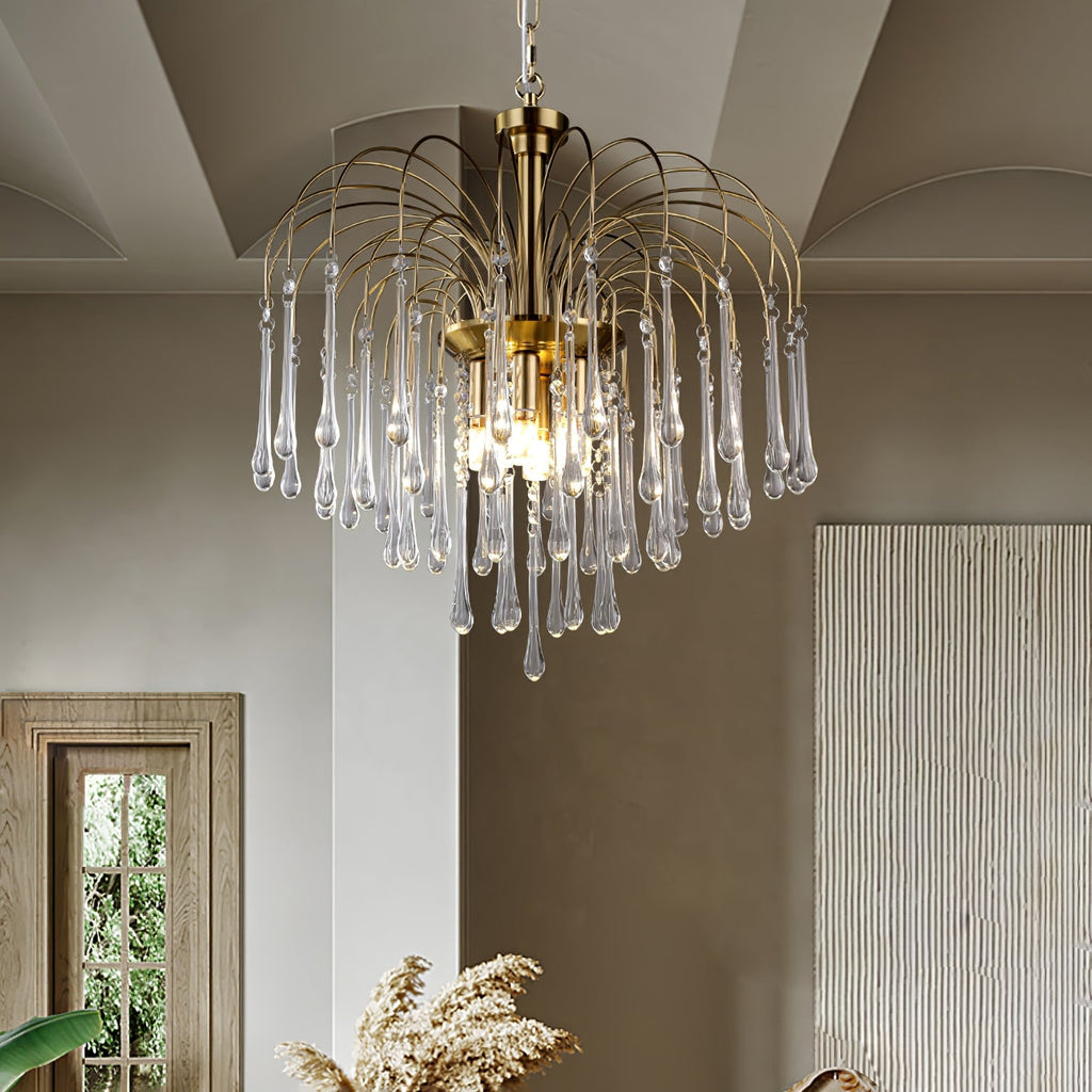 The clear-crystal version of this Clérachic chandelier hangs beside a white column, its drops catching light near a shuttered window.