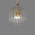 Lit bulbs sit among the clear crystal drops of this Clérachic pendant, shown against a dark grey backdrop.