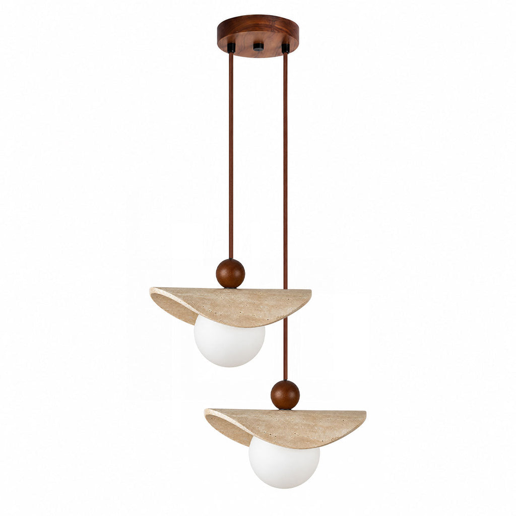 Two travertine sail Clérachic pendants cascade from a round canopy at different heights, product shot.