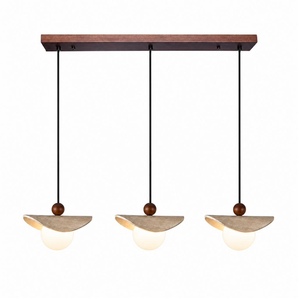 Three travertine sail Clérachic pendants hang in a row from one rectangular walnut canopy, product shot.