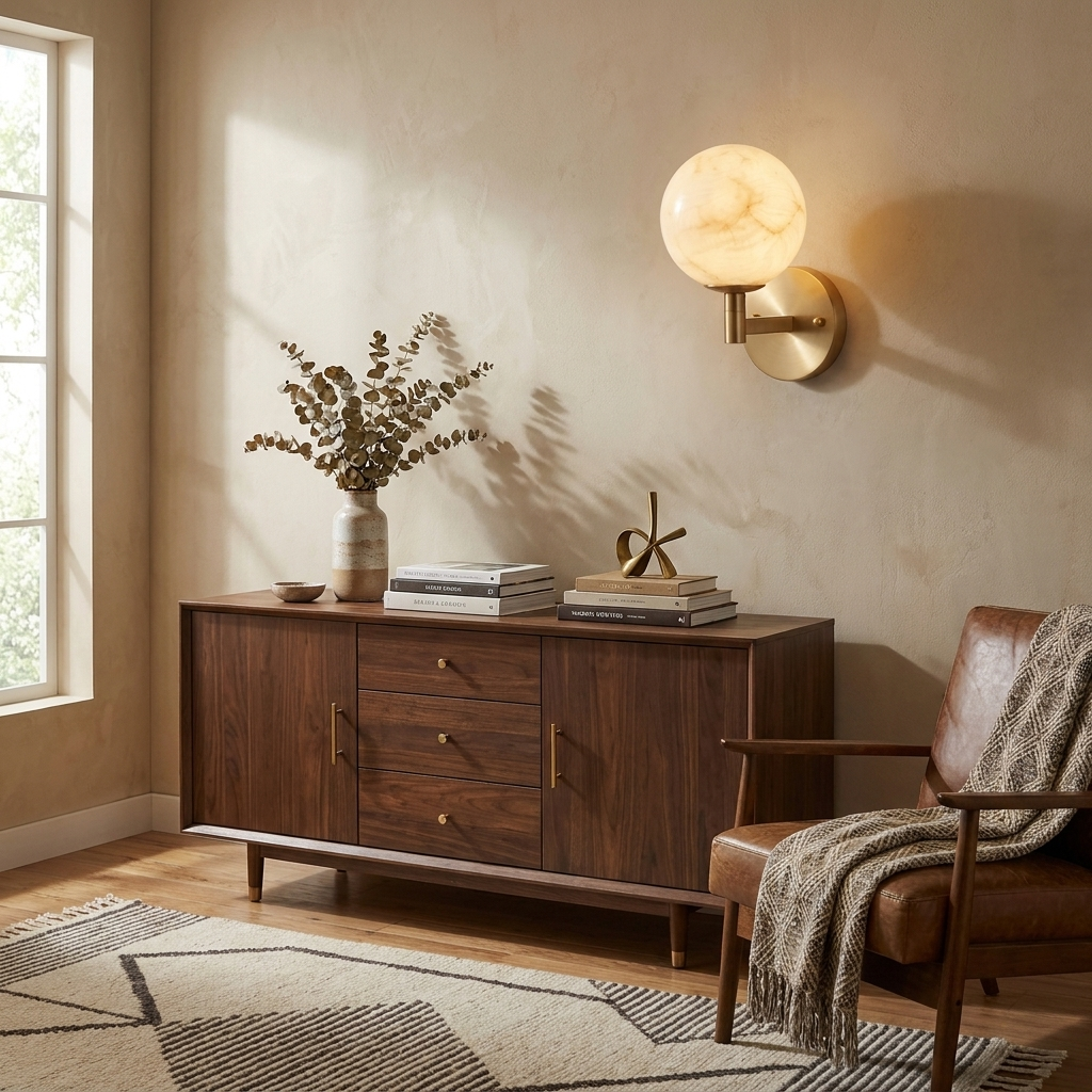 Over a walnut sideboard with a framed sketch nearby, the brass-finish sconce from Clérachic lights a seating corner.
