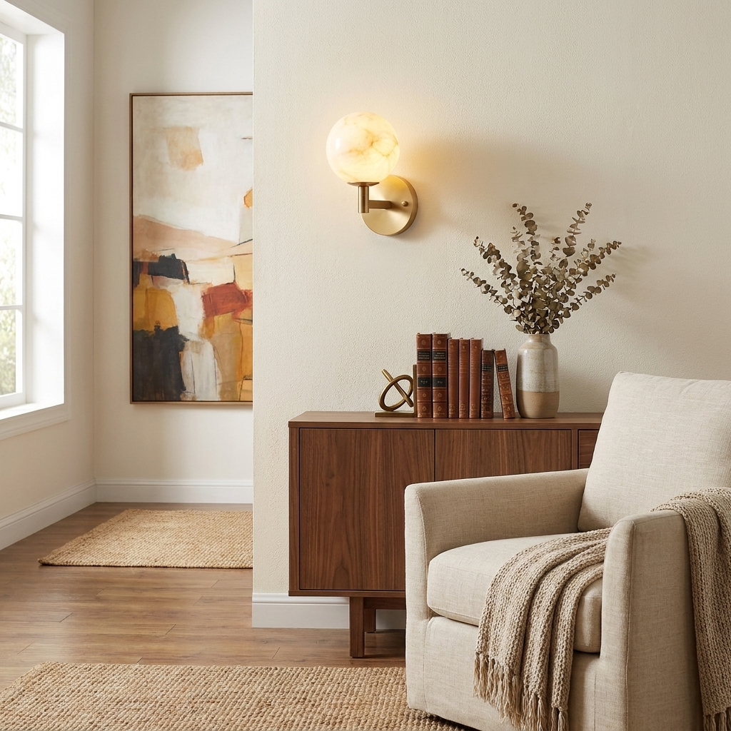 In a hallway lined with framed art, this Clérachic sconce's brass finish lights a corner beside an upholstered armchair and credenza.
