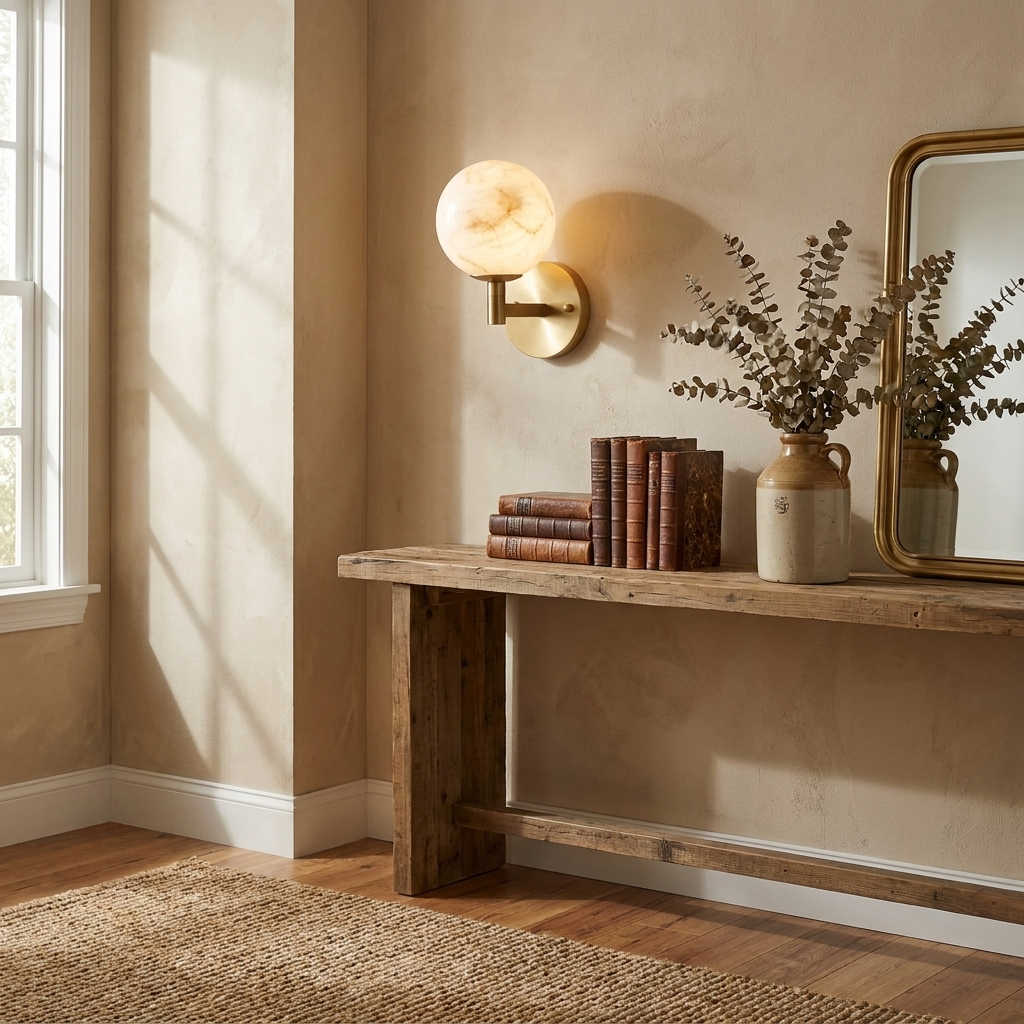 Beneath a round mirror in an entryway with a console table, this Clérachic sconce's brass finish glows above dried florals.