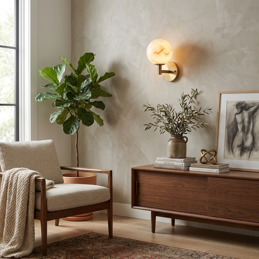 Beside a potted fig tree and a wood credenza with a sketched portrait, this Clérachic sconce's brass finish lights the room.