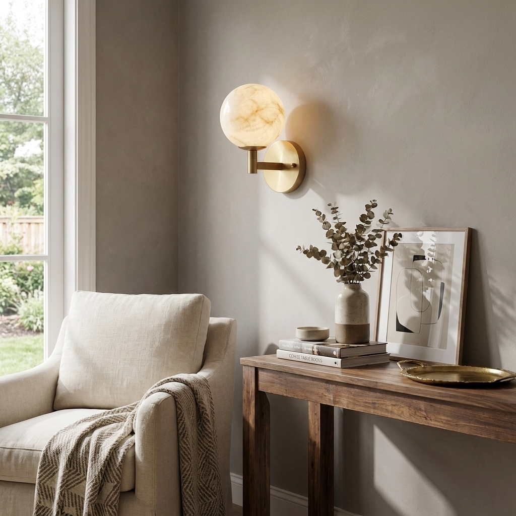 Above a console table displaying a framed sketch, the brass-finish sconce from Clérachic glows near an armchair.