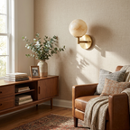 Above a mid-century credenza beside a tan leather armchair, this Clérachic sconce's brass finish lights the wall.