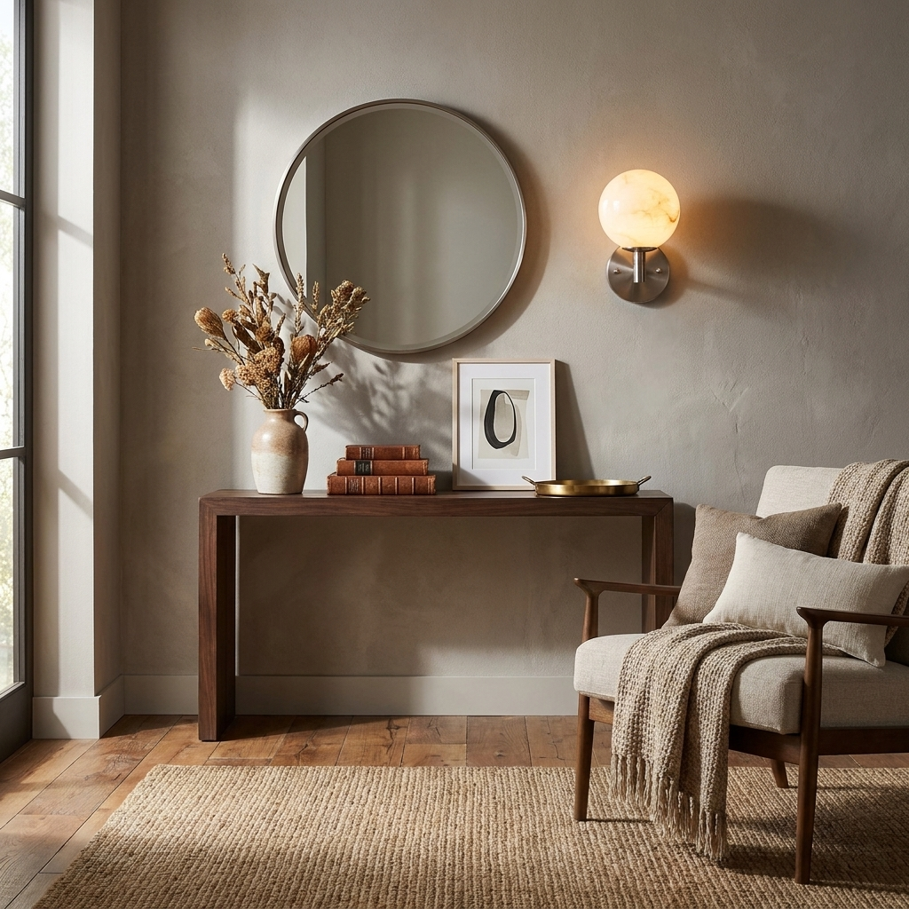 Beneath a round mirror in a sunlit corner, this Clérachic sconce's brass finish glows above a wood console table.