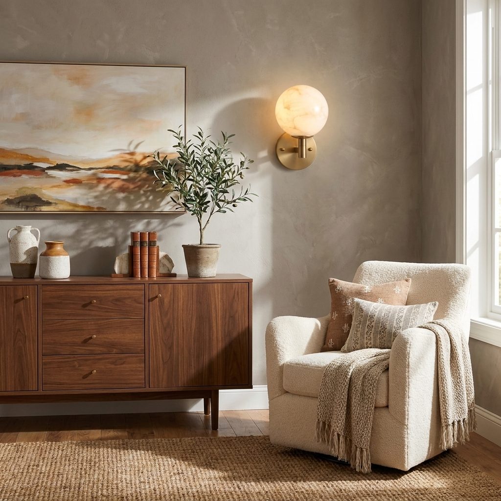 Over a wood sideboard styled with landscape artwork, the brass-finish sconce from Clérachic glows beside a cream armchair.
