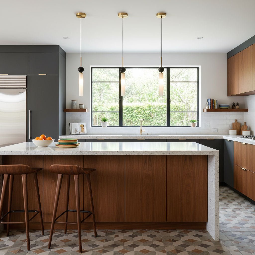 Three brass-hardware Clérachic pendants line up above a wood kitchen island, glowing beside a window framing green trees.