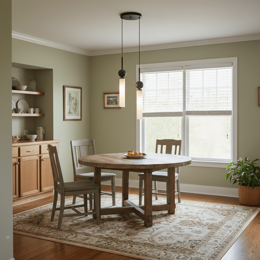 Two black Clérachic pendant lights hang above a round wood dining table in a sage-green breakfast nook with a corner hutch.