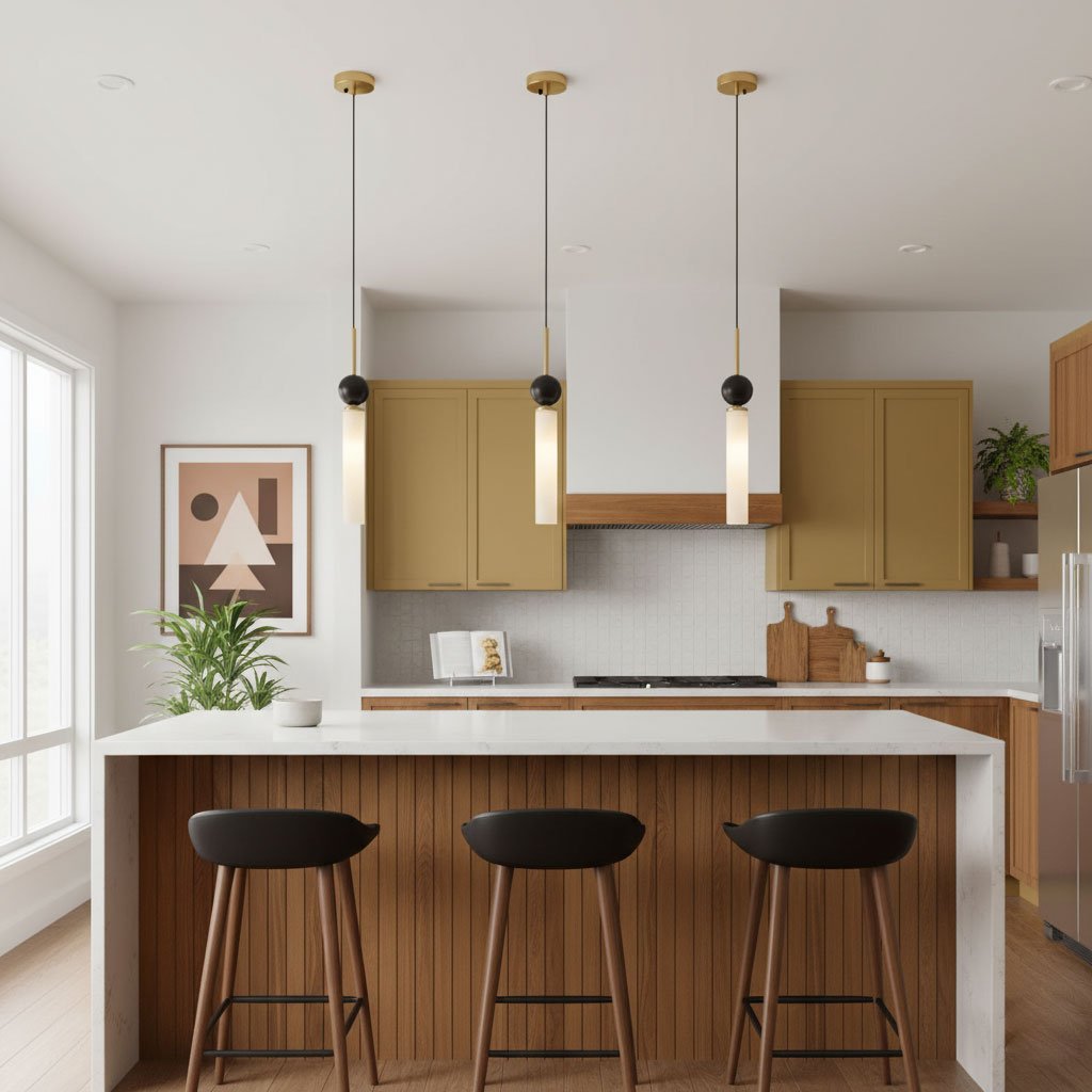 Three brass Clérachic pendant lights hang above a kitchen island with olive-green cabinets, lighting three wooden bar stools.