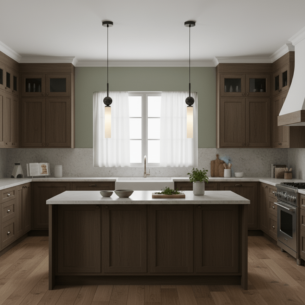 Three black marble Clérachic pendant lights above a dark wood kitchen island, framed slightly wider than the matching shot.