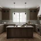 Three black marble Clérachic pendant lights above a dark wood kitchen island, framed slightly wider than the matching shot.