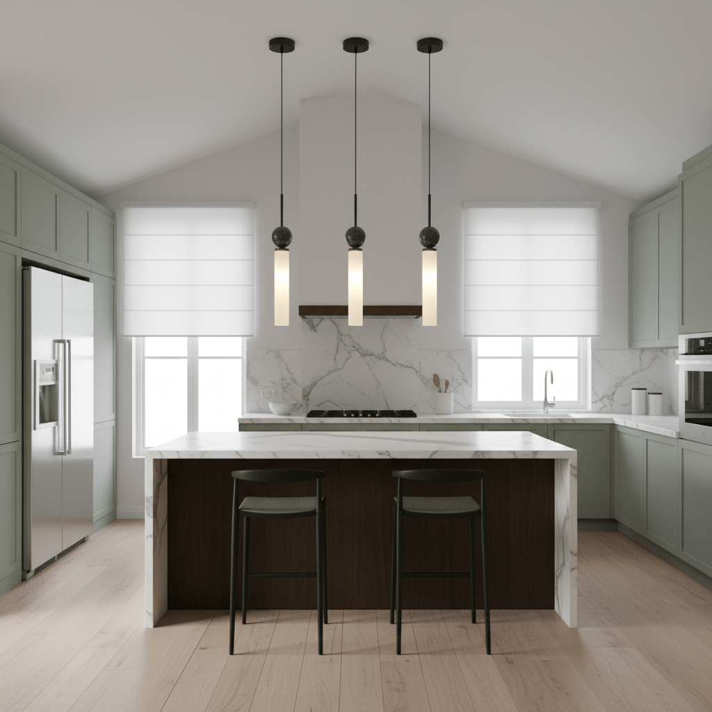 Three black Clérachic pendant lights hang over a marble-topped island in a vaulted kitchen with two black counter stools.