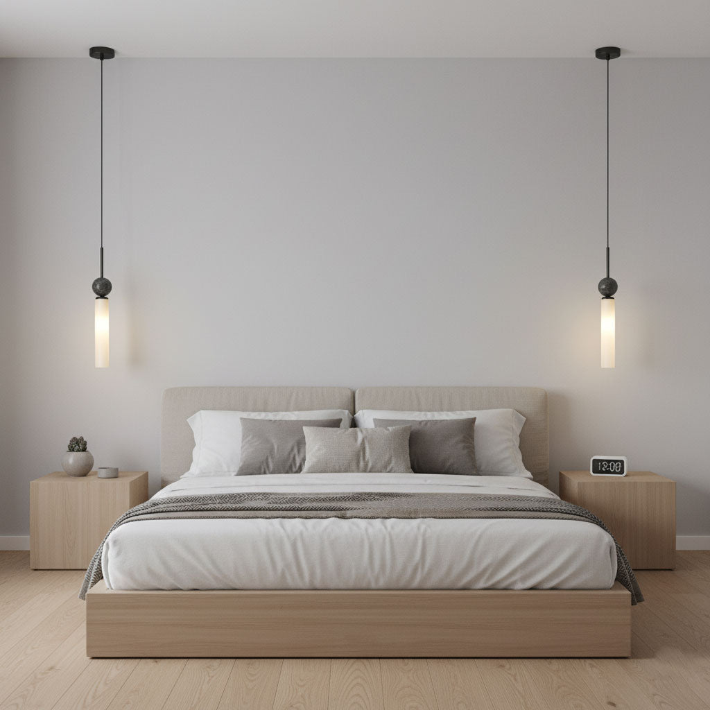 Two black marble Clérachic pendant lights hang symmetrically above a bed with a beige headboard and matching nightstands.