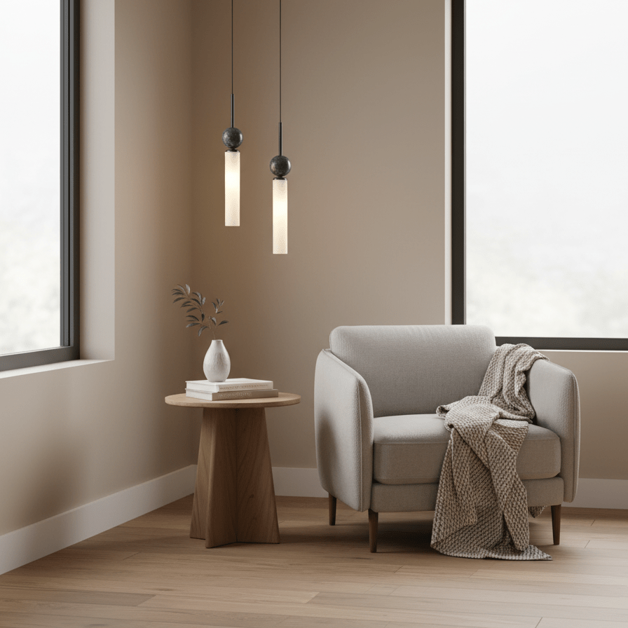 Two black Clérachic pendant lights hang in a corner nook, lighting a round side table and an armchair with a folded throw.