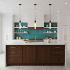 Three black Clérachic pendant lights hang over a dark wood kitchen island beneath a teal tiled backsplash and open shelving.