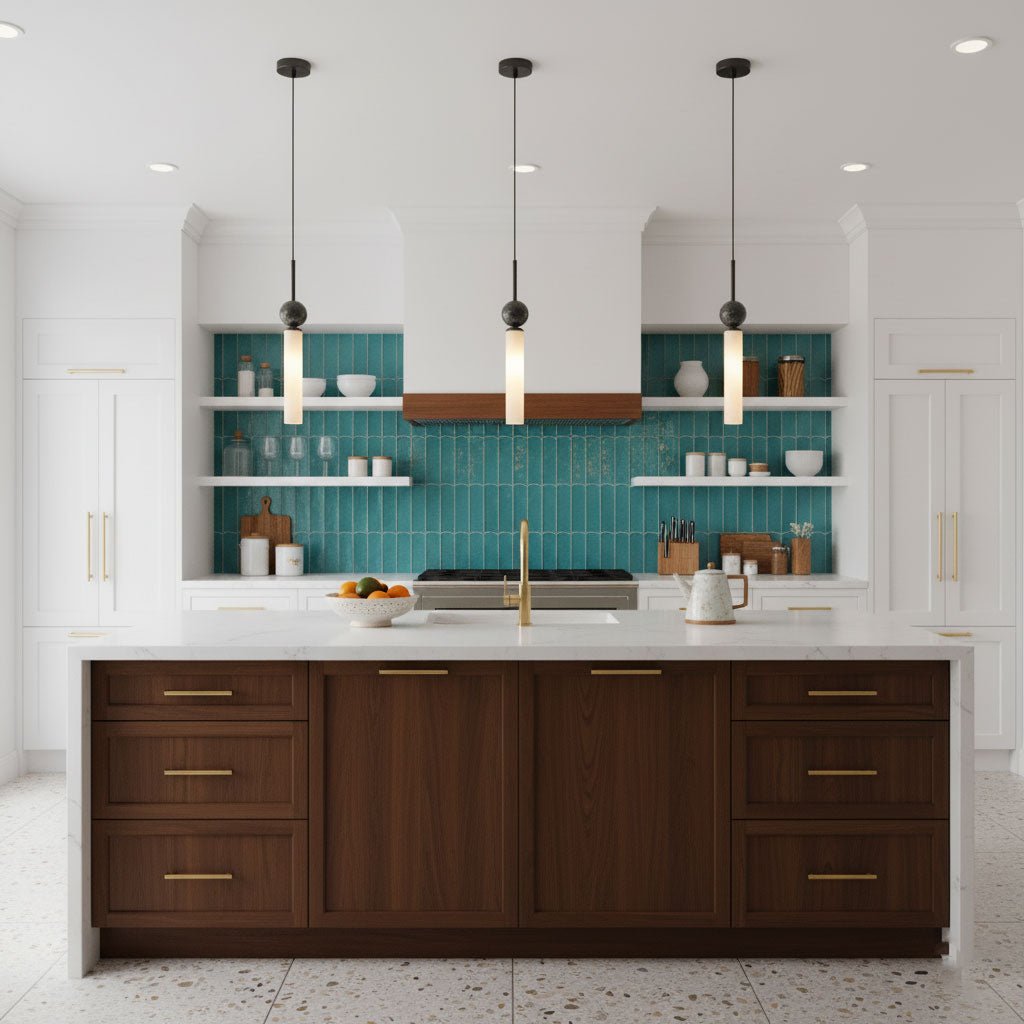 Three black Clérachic pendant lights hang over a dark wood kitchen island beneath a teal tiled backsplash and open shelving.