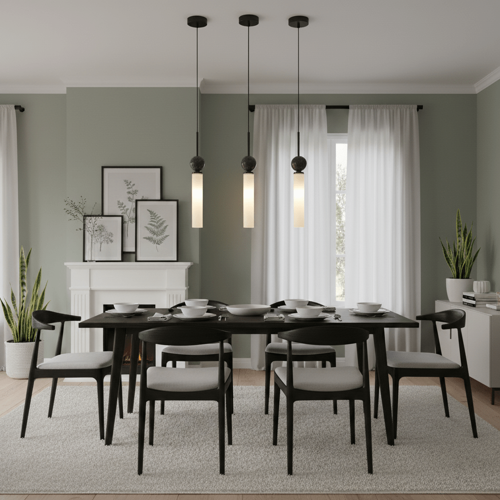 Three black Clérachic pendant lights hang above a dark dining table with black chairs, set against a sage-green wall and fireplace.