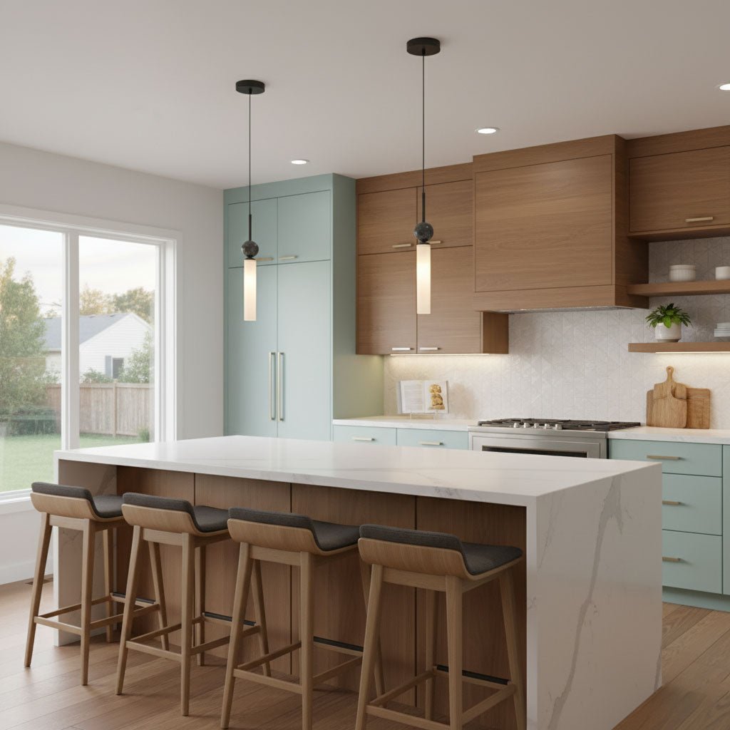 Two black Clérachic pendant lights hang over a long kitchen island with teal and wood-tone cabinets and four bar stools.
