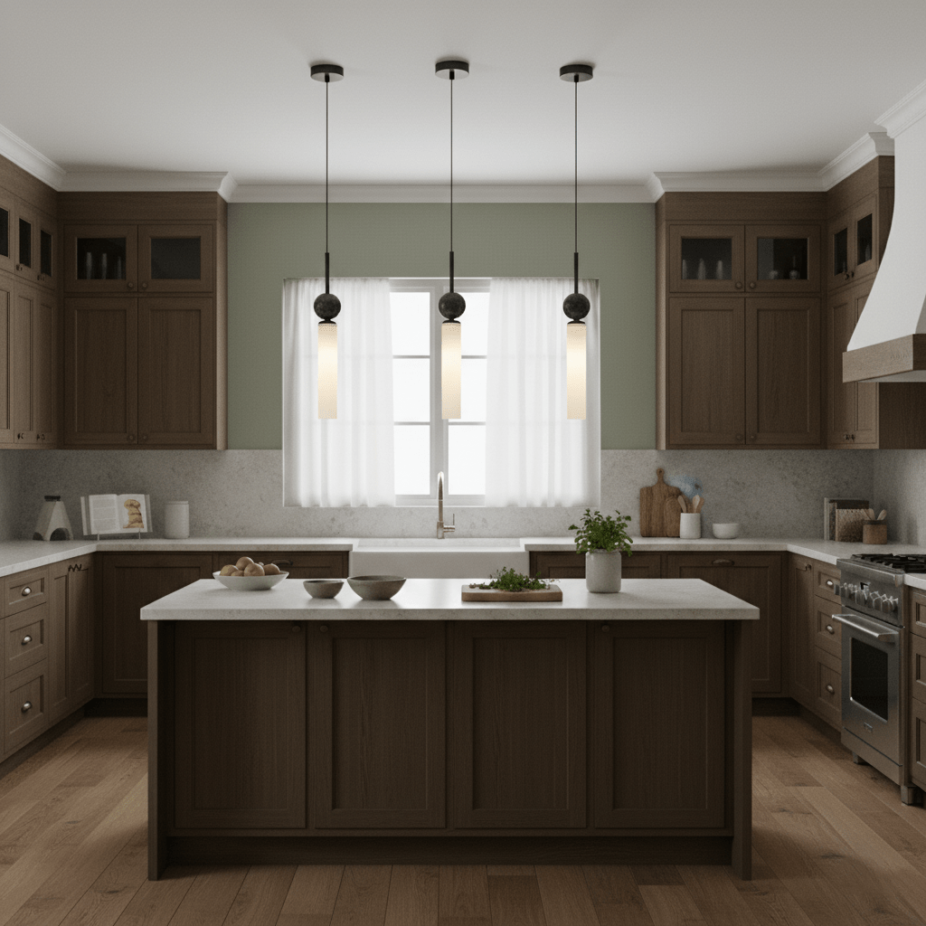 Three black marble Clérachic pendant lights hang above a dark wood island beneath sage-green upper cabinets and sheer curtains.