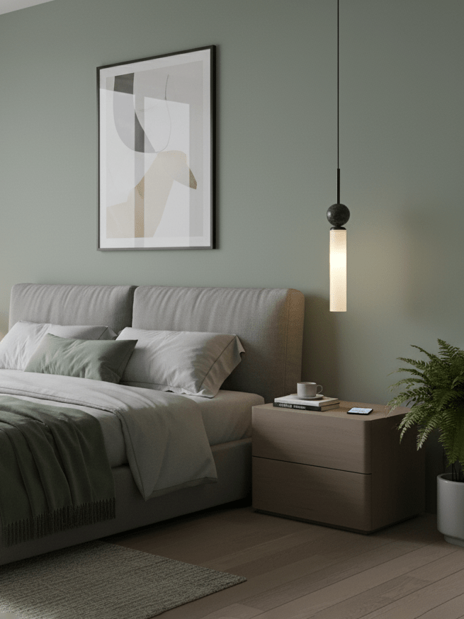 A single black marble Clérachic pendant light hangs beside a bed with a grey-blue headboard on a sage wall, above a nightstand.