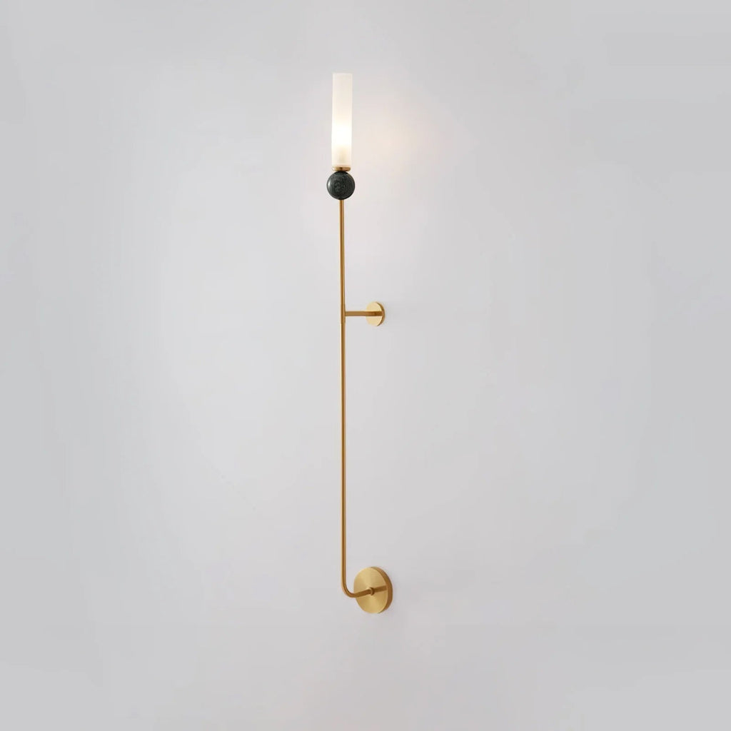 A green marble orb tops this tall Clérachic brass vertical wall light, shown full length against a plain grey background.